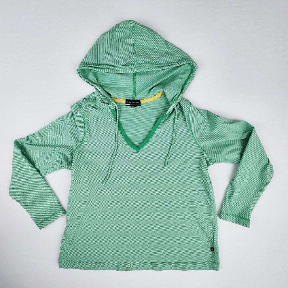 Lands End Kids Hooded Shirt Size XL Green White Stripes